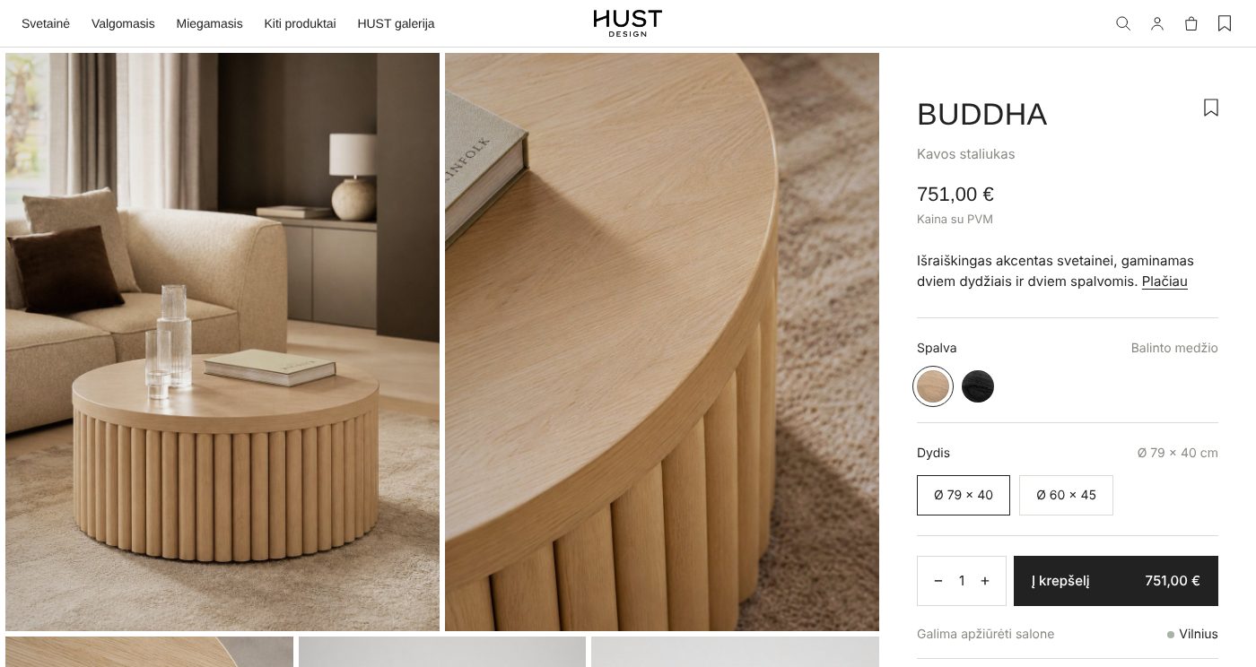 Product page concept for the BUDDHA coffee table: photo gallery on the left, price and options on the right