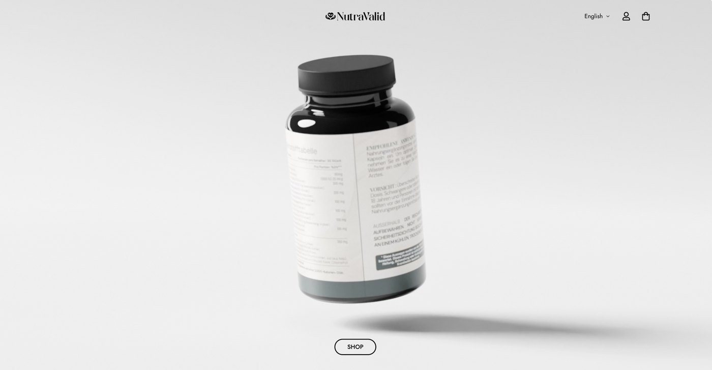NutraValid store homepage with the All-in-1 supplement bottle